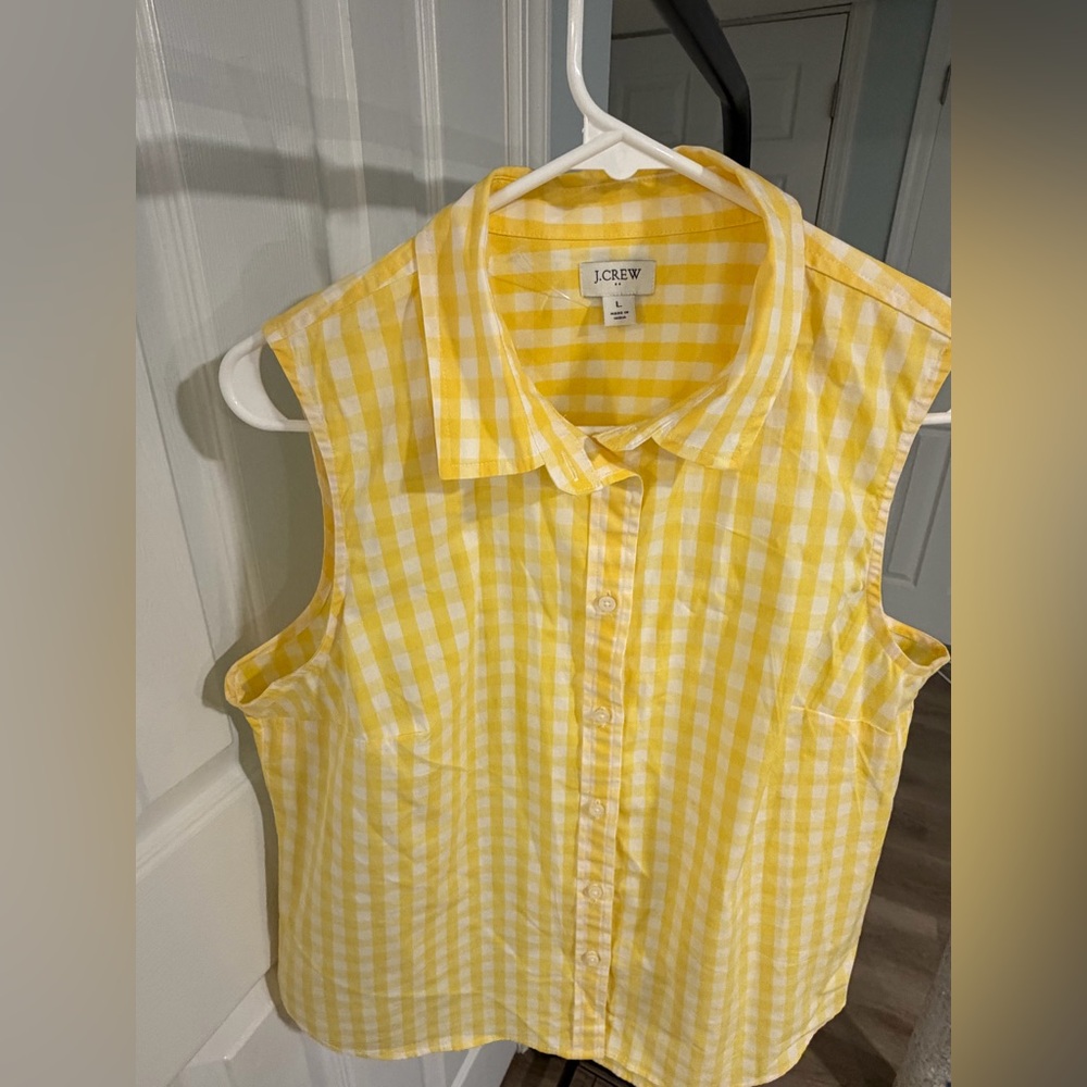 J. Crew Yellow and White Gingham Sleeveless Button-Down Shirt